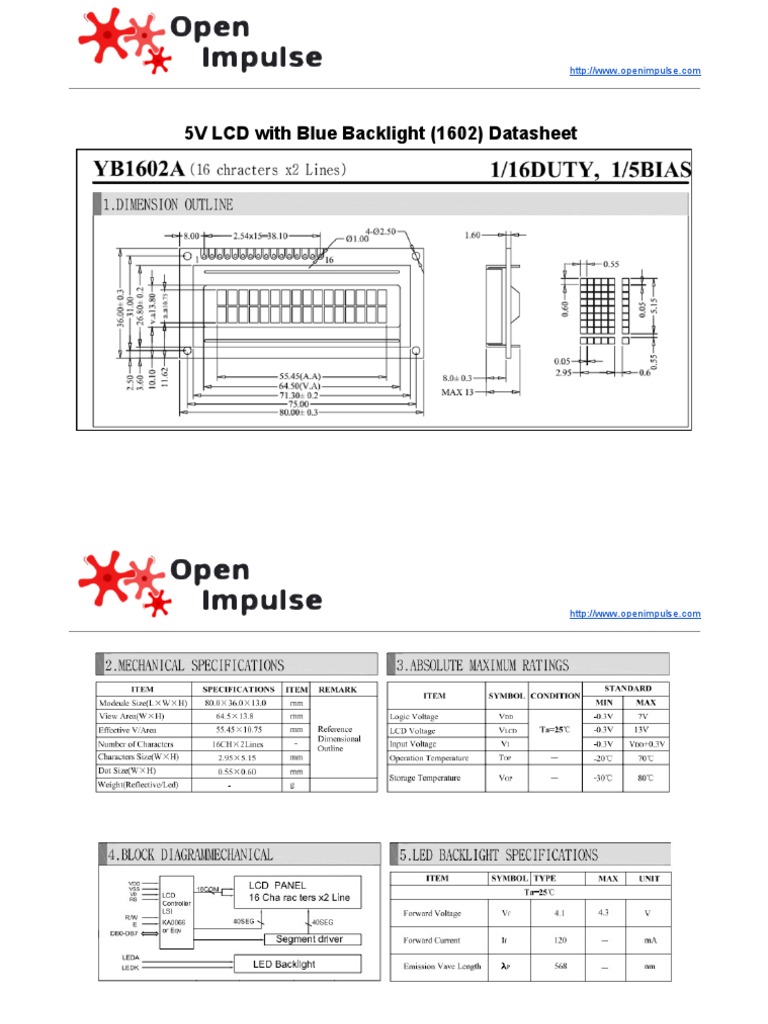 5V LCD 1602 With Blue Backlight Datasheet PDF | PDF