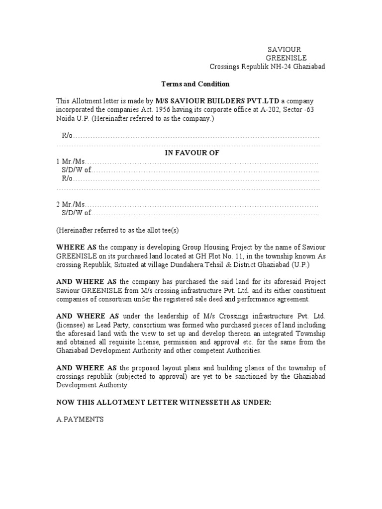 Allotment Letters (SAVIOUR Green Isle) Taxes Interest