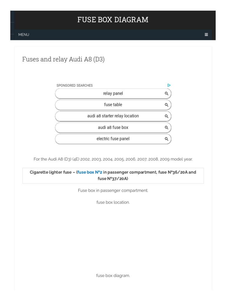 Fuse Box Diagram: Fuses and Relay Audi A8 (D3) | PDF | Automatic