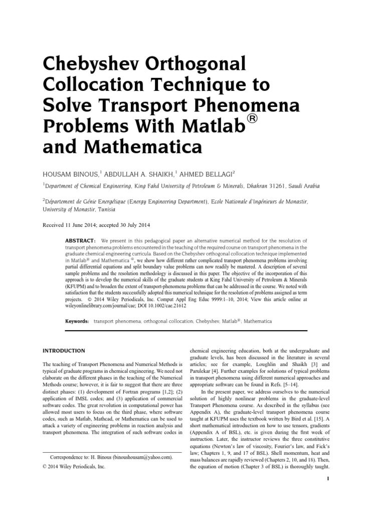 Chebyshev Orthogonal Collocation Technique To Solve Transport Phenomena