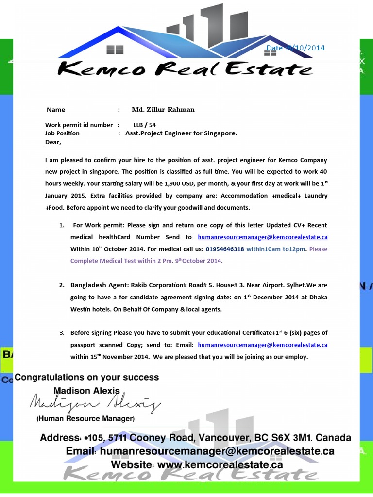 Work Permit Letter For Singapore | PDF