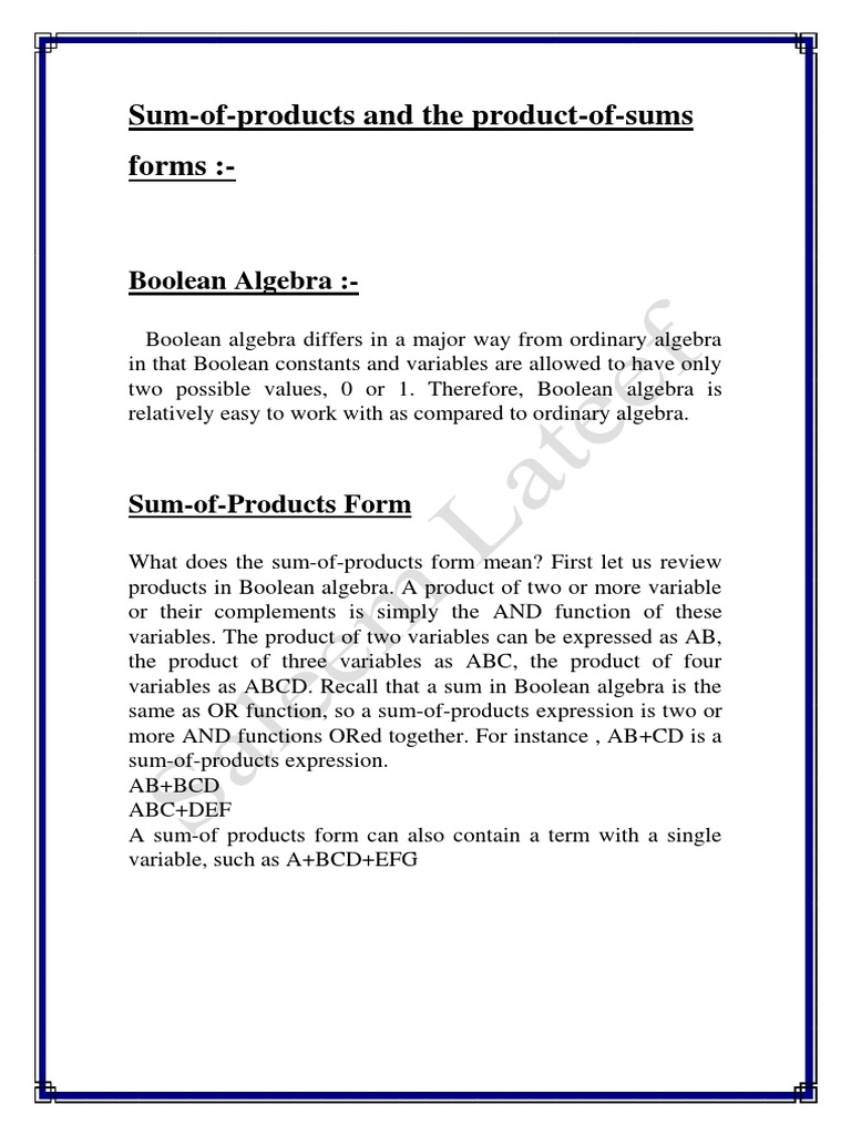SumOfProducts and The ProductOfSums Forms Boolean Algebra PDF