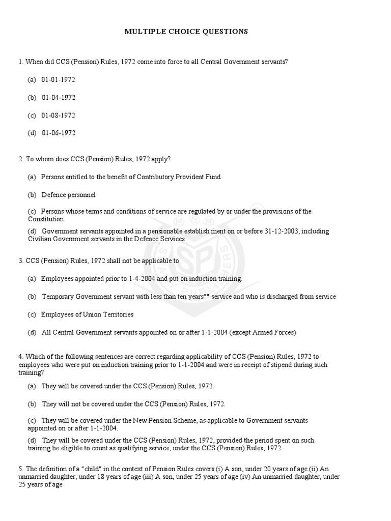 CCS Pension Rules MCQs Overview | PDF | Pension | Retirement