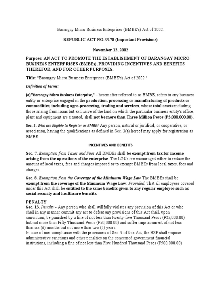BMBE Act of 2002: Key Provisions and Benefits | PDF | Business ...