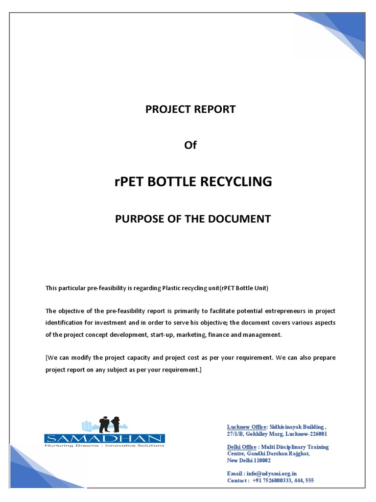 Pet Bottle Recycling Project Report PDF Recycling Plastic
