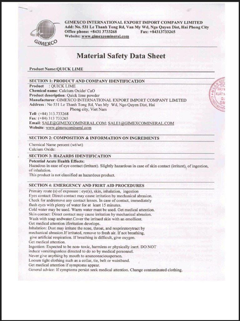Quick Lime MSDS PDF PDF
