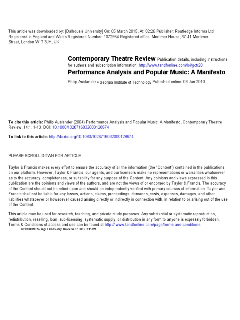 Contemporary Theatre Review Performance Analysis and Popular Music: A ...