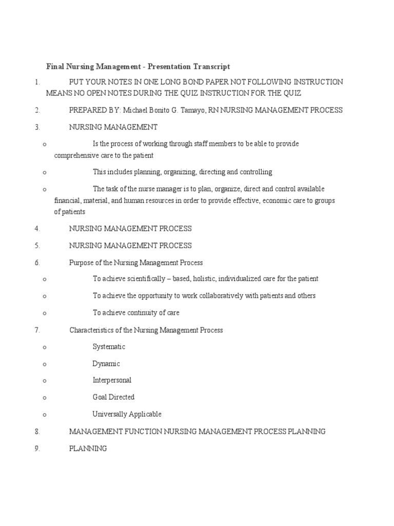 Nursing Management Process Overview | PDF | Nursing | Organizational ...