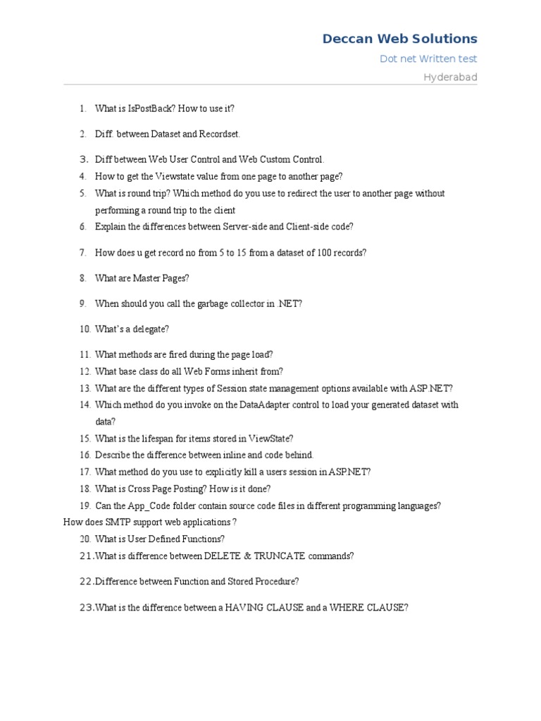 Deccan Web Solutions: Dot Net Written Test | PDF