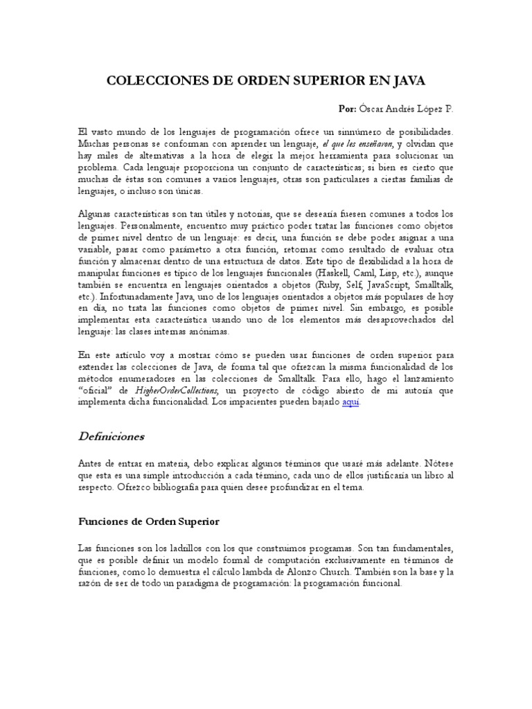 Colecciones de Orden Superior en Java | PDF | Lenguaje de programación ...
