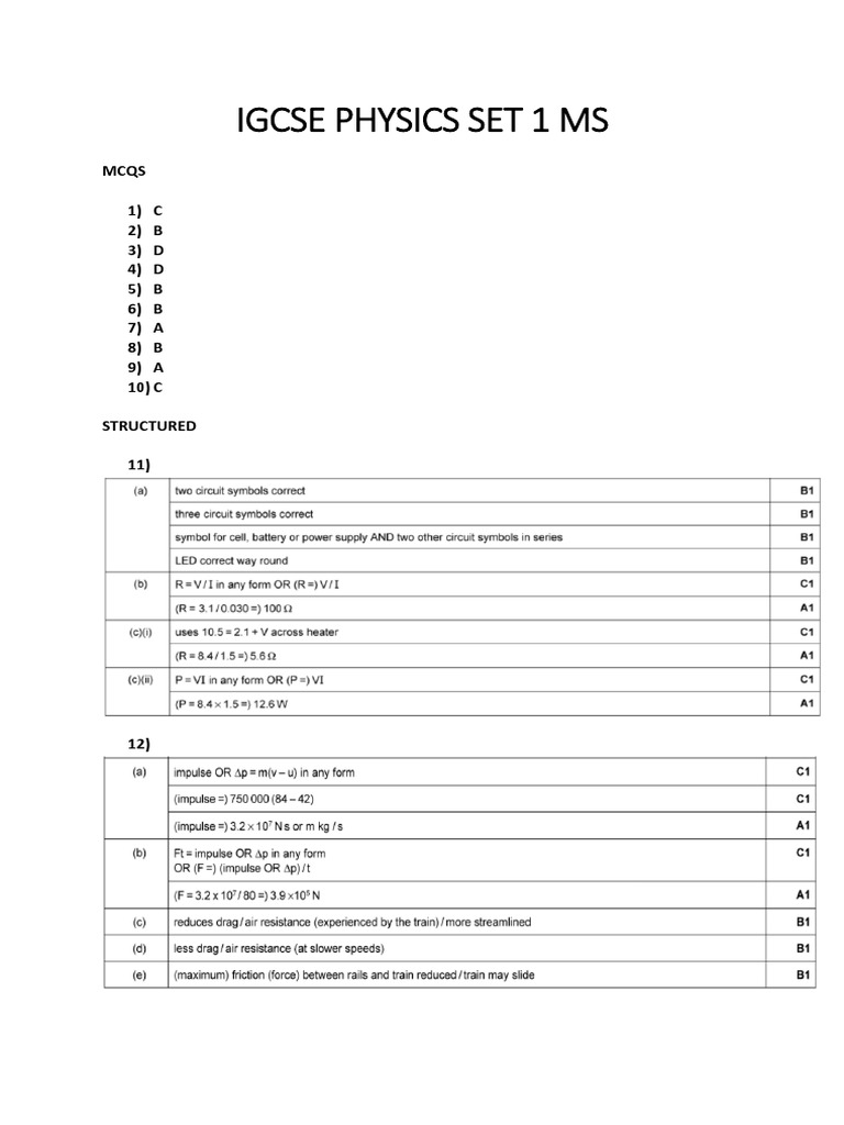 IGCSE Physics Set 1 Answer Key | PDF
