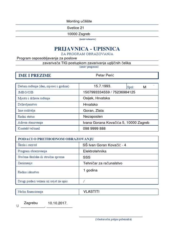 Uredno Popunjena Prijavnica | PDF