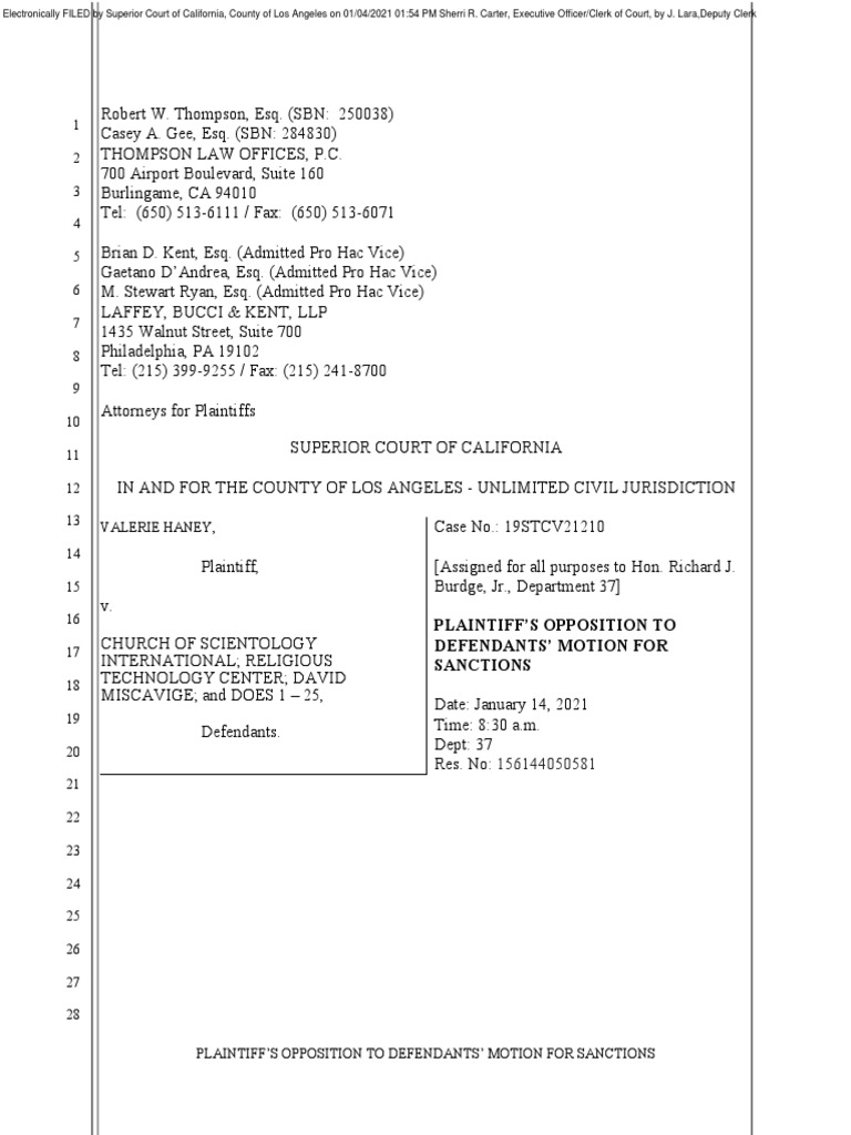 Haney v. Scientology Opposition To Motion For Sanctions PDF