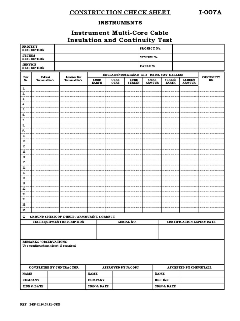 Construction Check Sheet Instrument Multi-Core Cable Insulation and ...