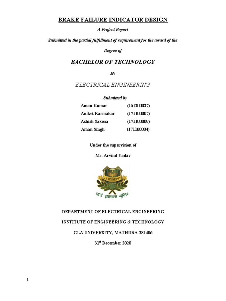 Brake Failure Indicator Design Bachelor of Technology PDF Brake