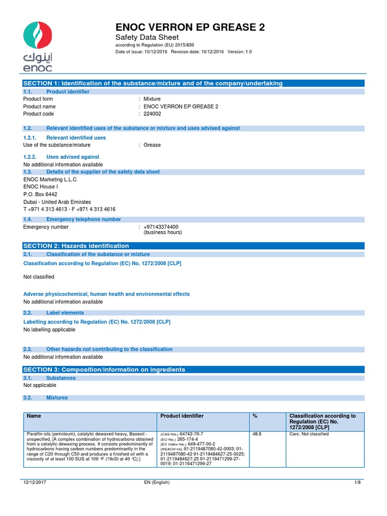Enoc Verron Ep Grease 2 Safety Data Sheet PDF Personal Protective