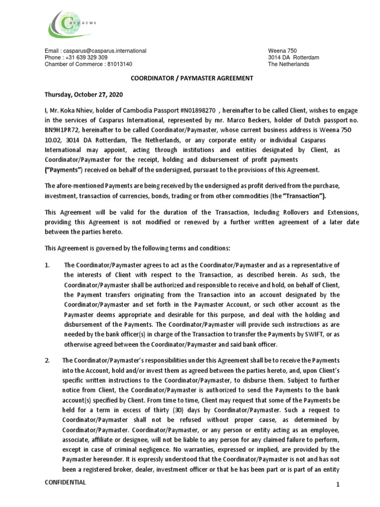 Casparus International Paymaster Agreement | PDF | Payments | Financial ...