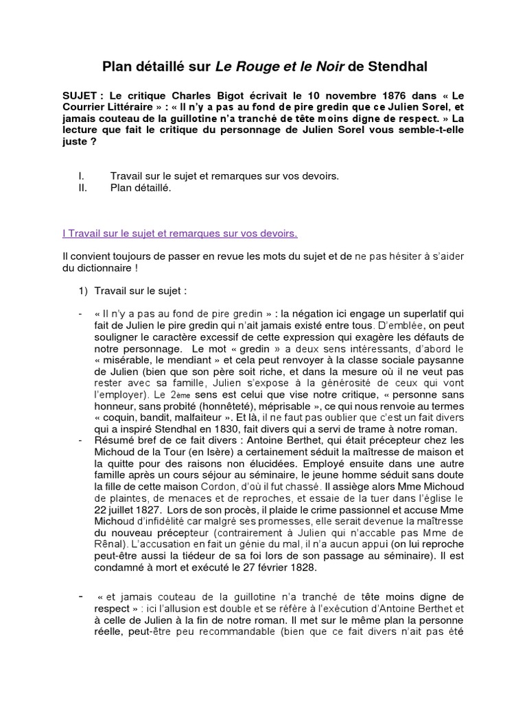 Plan Detaille Sur Le Rouge Et Le Noir De Stendhal Pdf Le Rouge Et Le Noir Amour