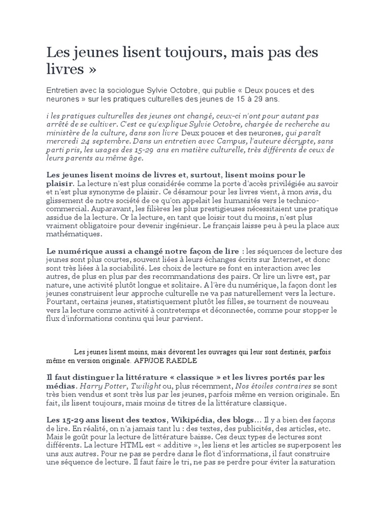 Les jeunes et l'évolution de la lecture | PDF | Cinématographie ...
