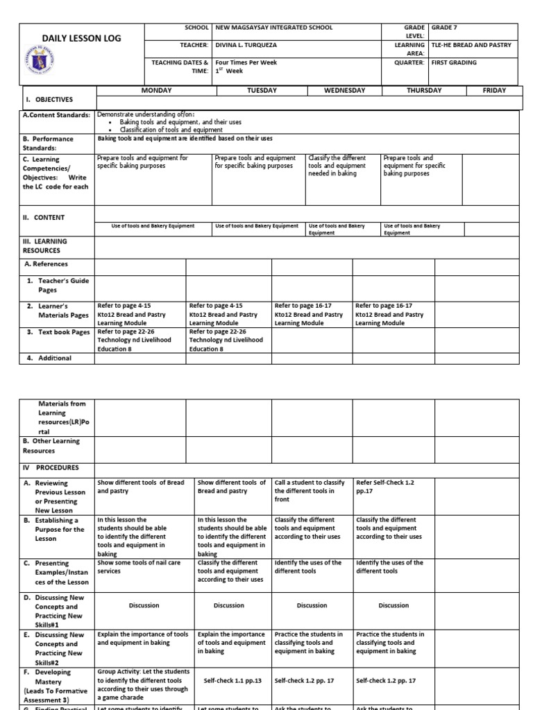 Daily Lesson Log Baking Tools and Equipment Are Identified Based On