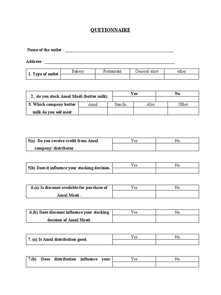 Amul Masti Stocking Questionnaire | PDF | Mass Media | Microeconomics