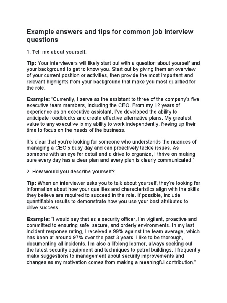 Example Answers and Tips For Common Job Interview Questions | PDF | Job ...