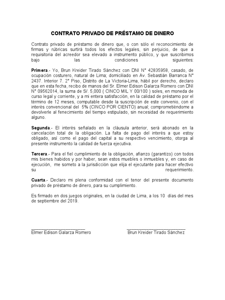 Contrato Privado de Préstamo de Dinero | PDF | Finanzas y dinero | Derecho