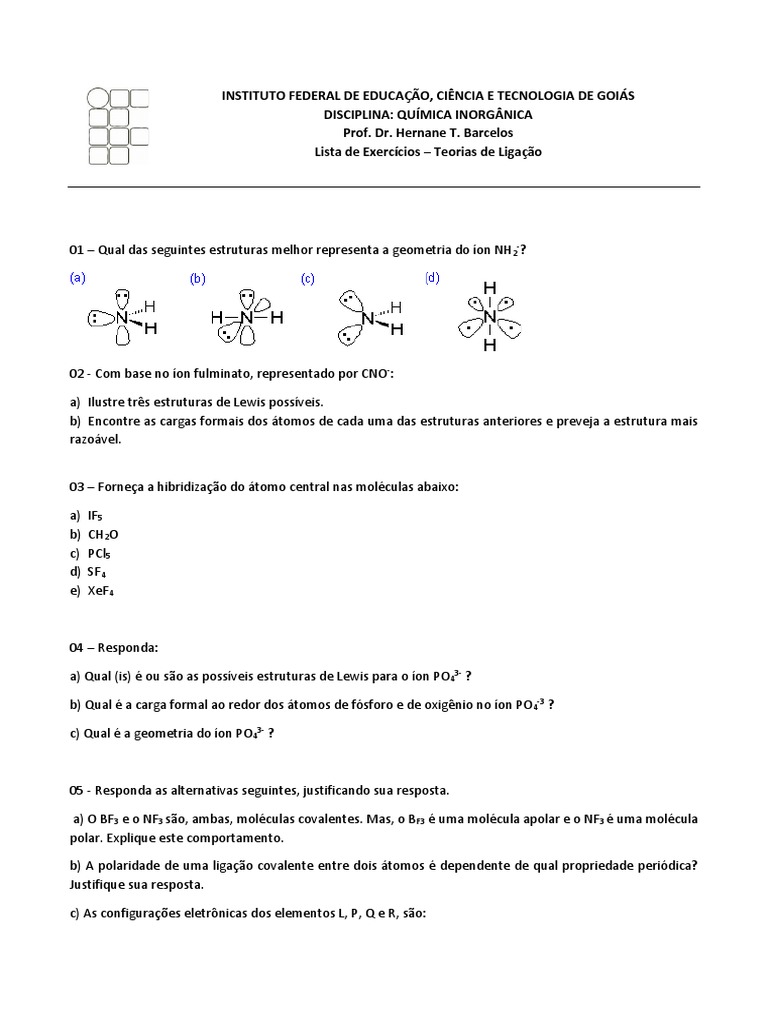 Exercícios de Química Inorgânica: Teorias de Ligação | PDF | Orbital  molecular | Ligação química, image size:768x1024