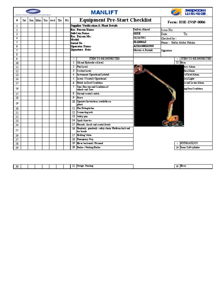 Equipment Pre-Start Inspection Checklist | PDF | Crane (Machine) | Elevator