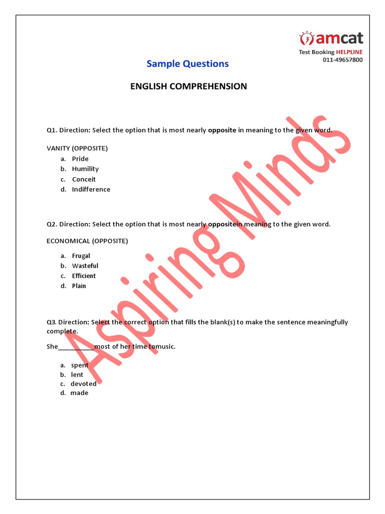 English Comprehension Sample Questions | PDF | Self-Improvement