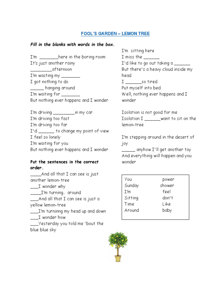 Lemon Tree Lyrics Fill-in Worksheet | PDF