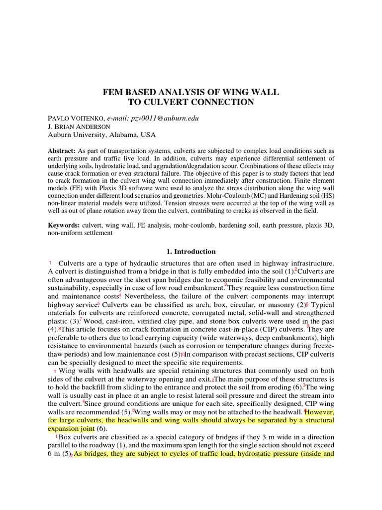 Fem Based Analysis of Wing Wall To Culvert Connection | PDF | Stress ...