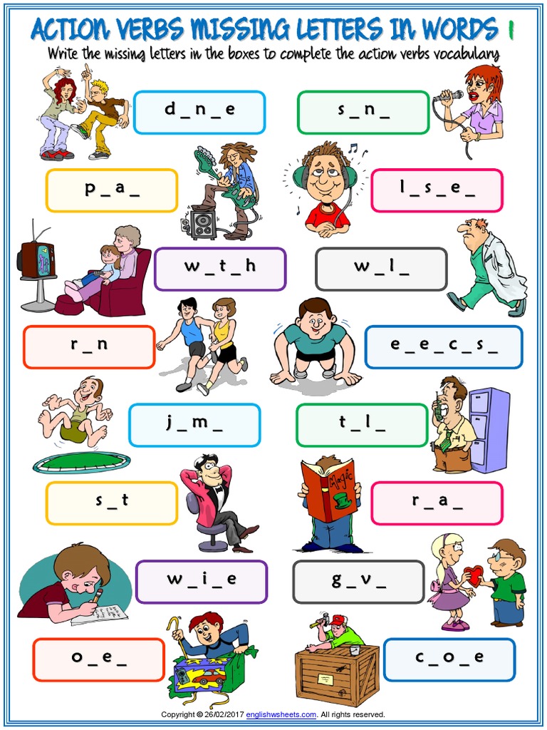action verbs vocabulary esl missing letters in words worksheets for kids pdf pdf