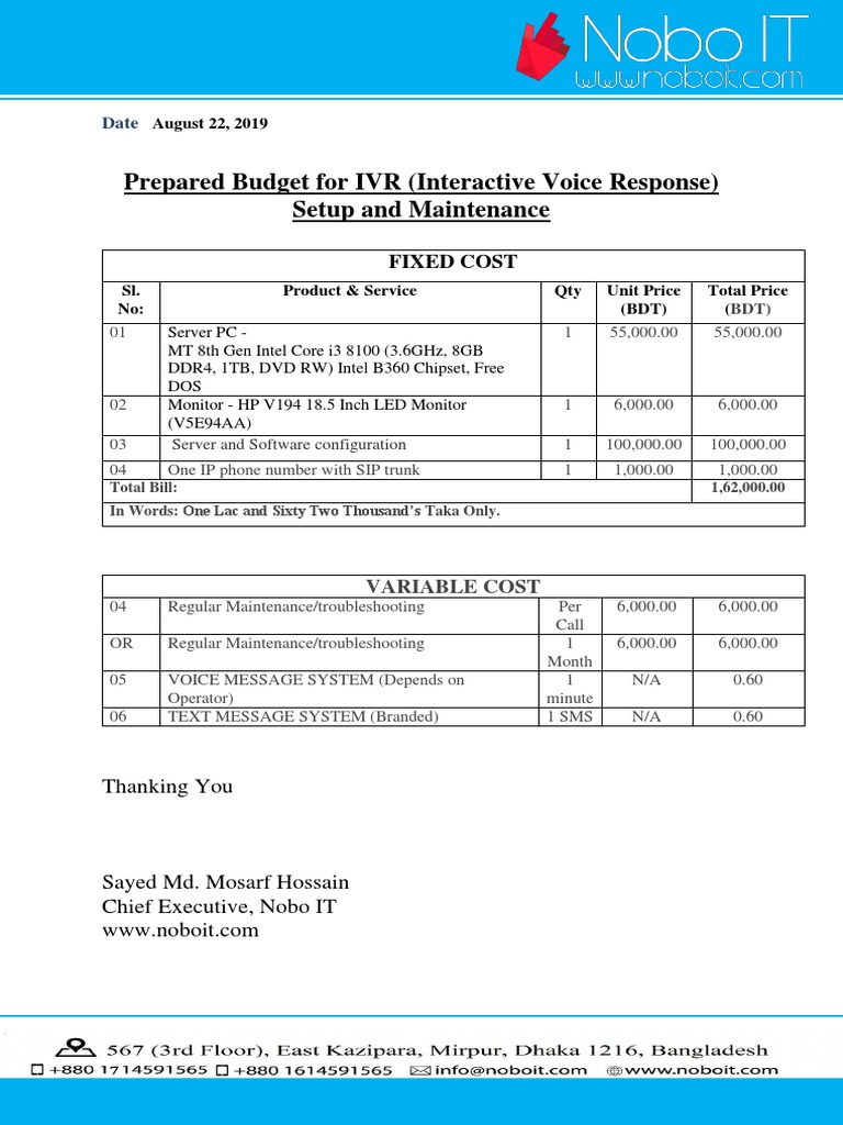 IVR Systm Quotation - Nobo IT | PDF | Finance & Money Management ...
