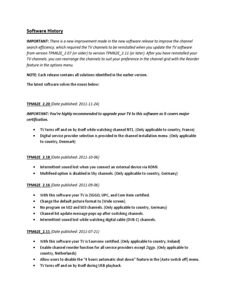 TV Software Update History and Features | PDF