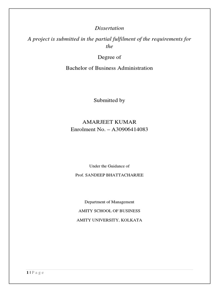 Dissertation A Project Is Submitted in The Partial Fulfilment of The