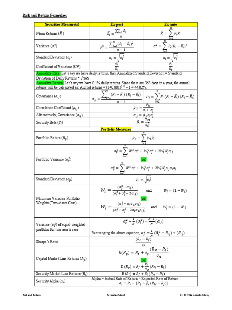 Risk and Return Formulae Guide | PDF | Variance | Financial Economics