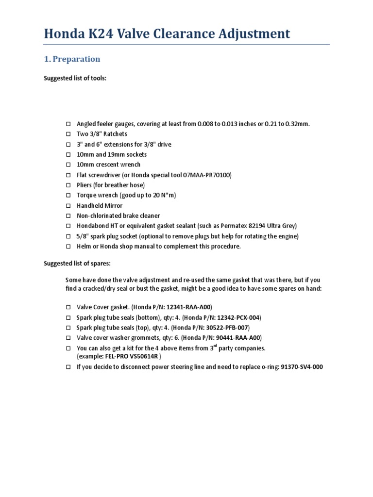 Calibracion de Valvulas Honda K24 0 PDF Ignition System Machines