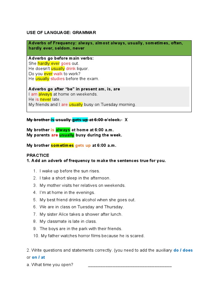 USE OF LANGUAGE ADV OF FREQUENCY Qs ANS | PDF | Language Arts & Discipline