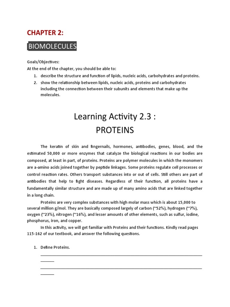 Learning Activity 2.3 Proteins Biomolecules PDF Proteins Amino Acid