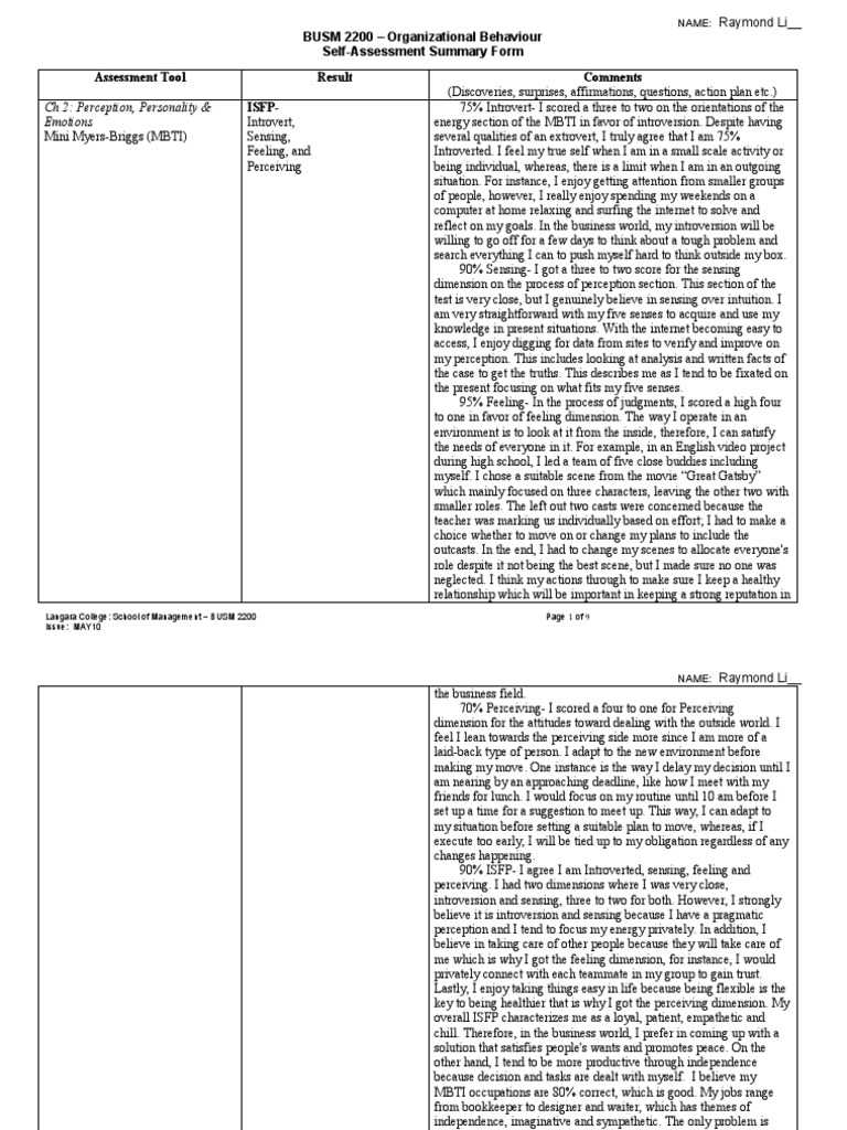 Self-Assessment Summary Form New | PDF | Extraversion And Introversion ...