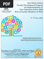 One Week Online FDP On Implementation of NEP 2020 Role of Faculty Members of HEIs 4 - 8 Nov 2020 TLC@CURaj - Revised