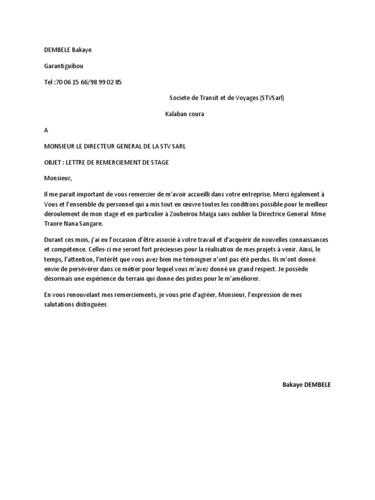 Lettre De Remerciement Rapport De Stage Lettre de Remerciement | PDF