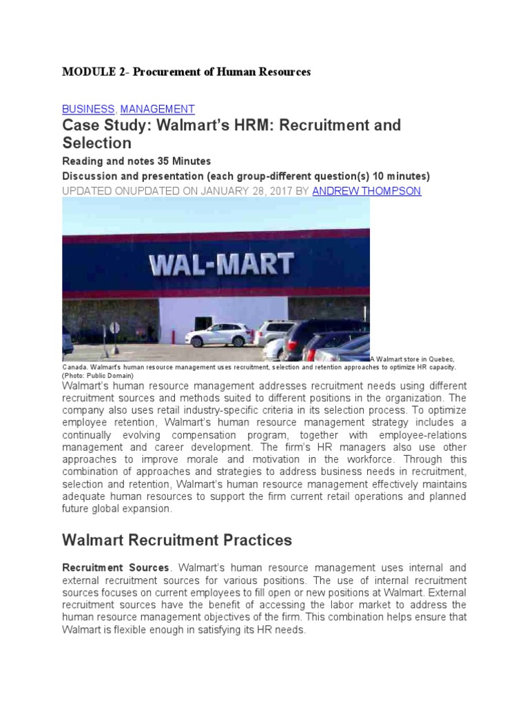 Case Study: Walmart&rsquo;s HRM: Recruitment and Selection: MODULE 2 