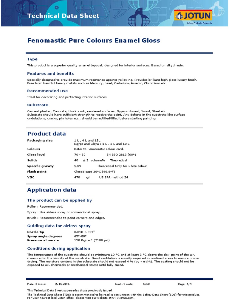 JotunFenomastic Pure Colours Enamel Gloss TDS PDF PDF Paint Vitreous Enamel