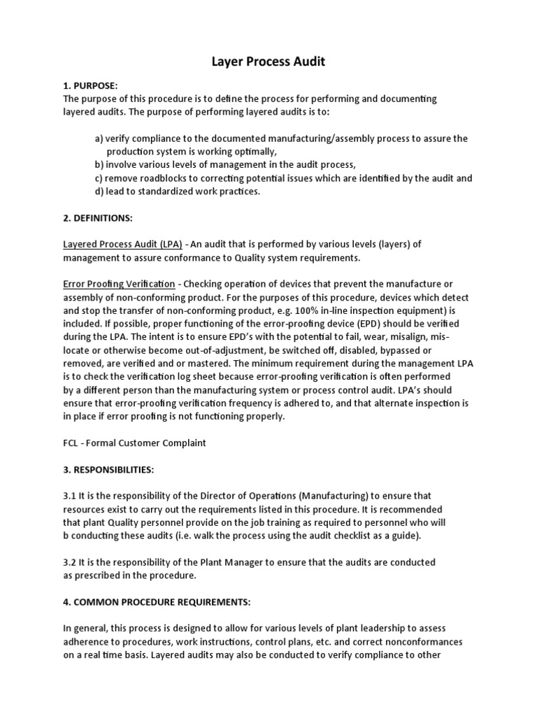 Layer Process Audit: 1. Purpose | PDF | Verification And Validation | Audit