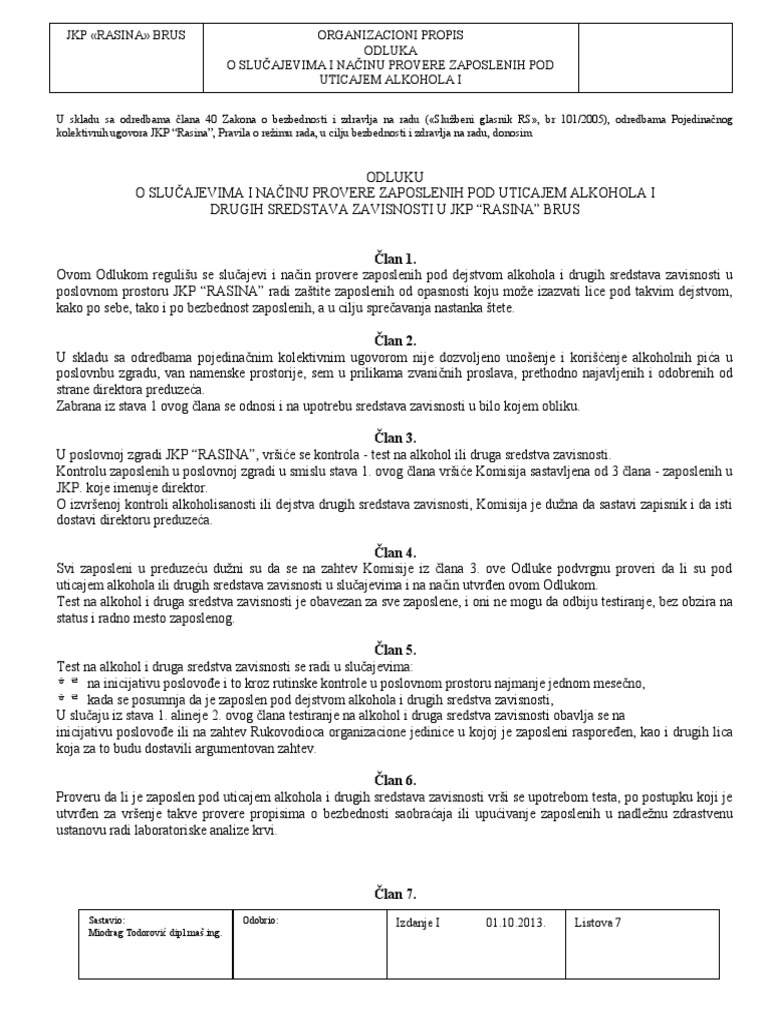 ORGANIZACIONI PROPIS Provera Alkoholisanosti | PDF
