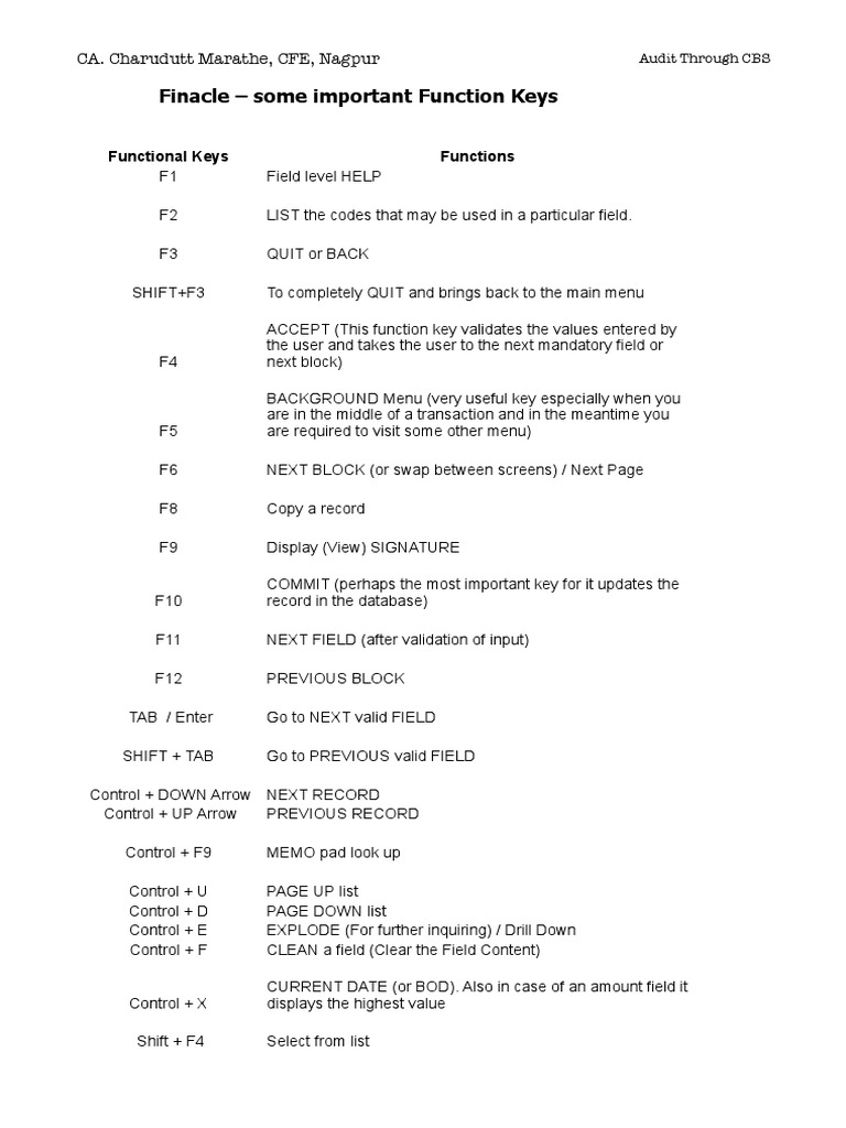 Finacle Software Functional Keys Guide | PDF | Debits And Credits ...