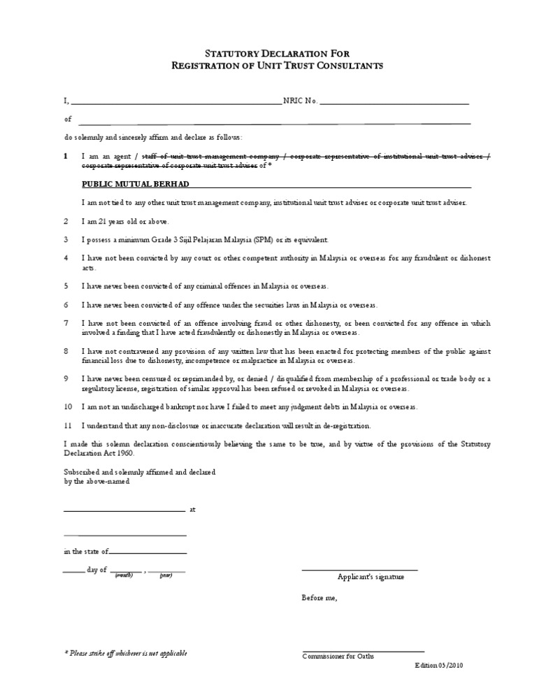 Unit Trust Consultant Registration Declaration | PDF | Dishonesty | Fraud