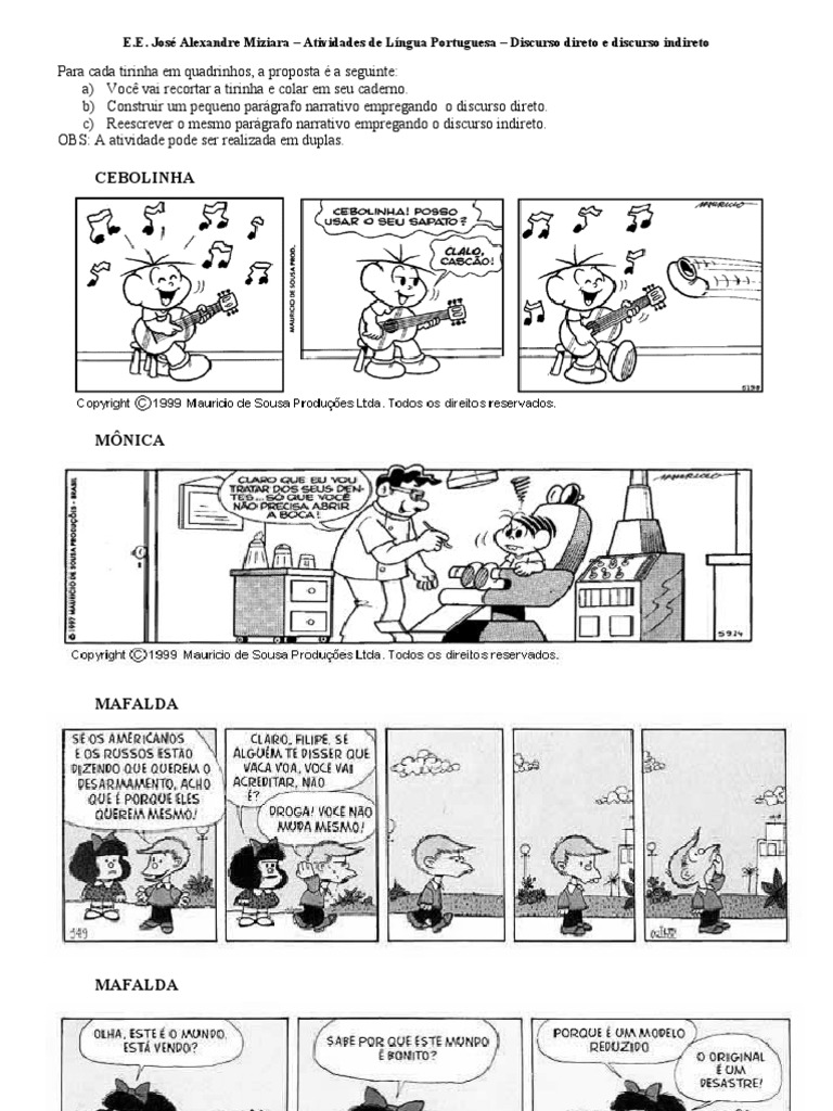 Discurso Direto E Indireto Exercicios Com Tirinhas